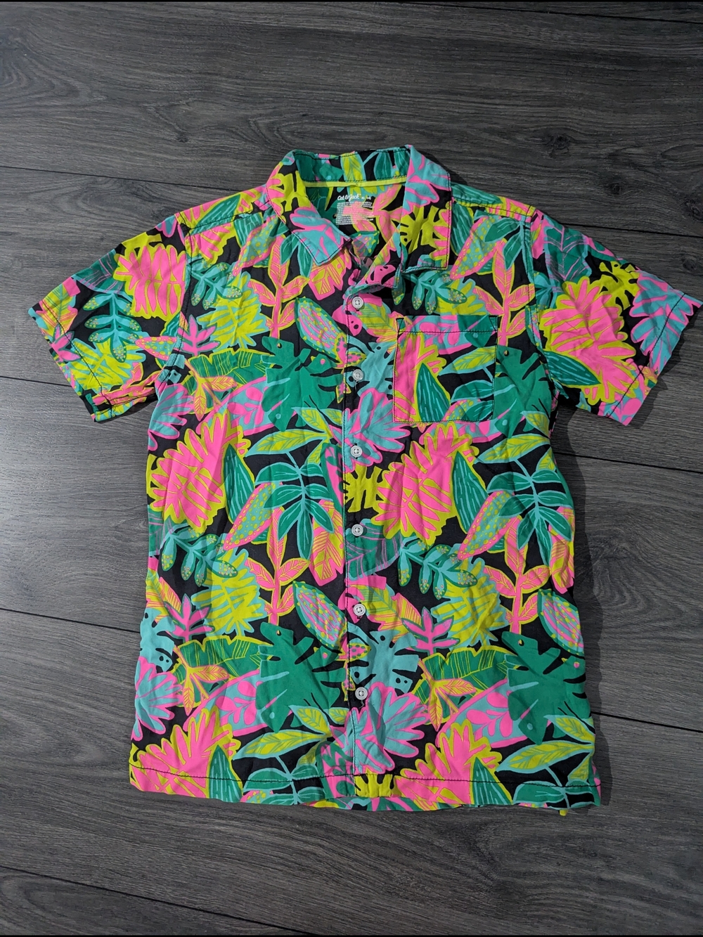 Cat & Jack Neon Tropical Button-Down Shirt - Pink, Green, Yellow, Blue